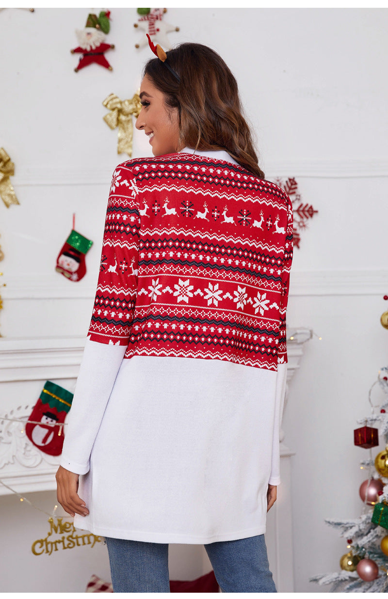 Women's longline open-front Christmas cardigan with a Fair Isle panel