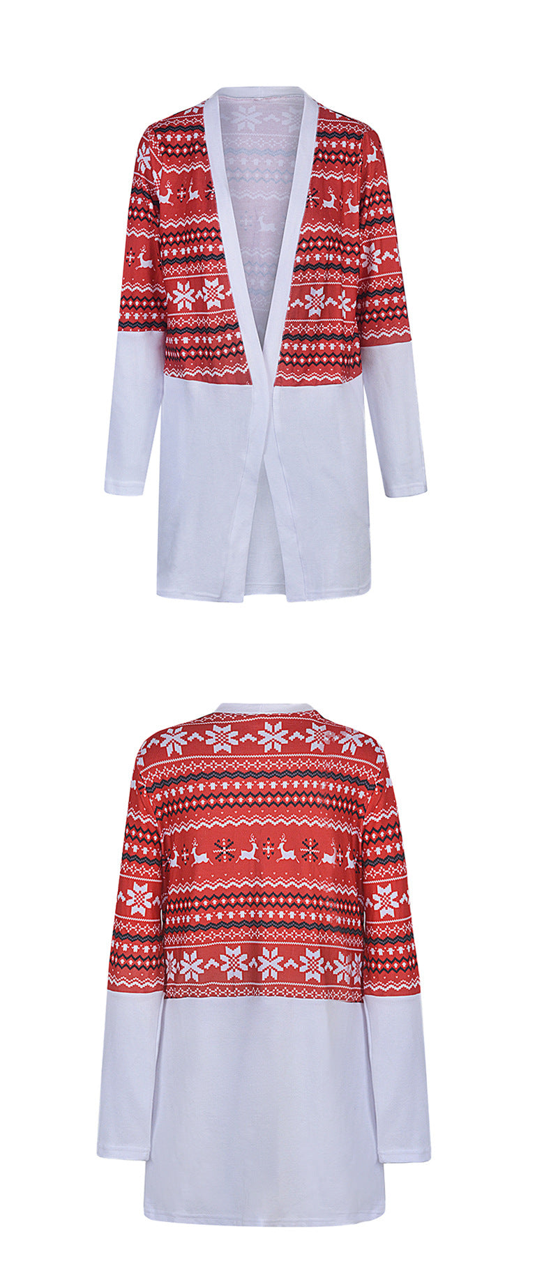 Women's longline open-front Christmas cardigan with a Fair Isle panel
