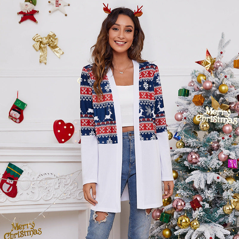 Women's longline open-front Christmas cardigan with a Fair Isle panel - navy fair isle