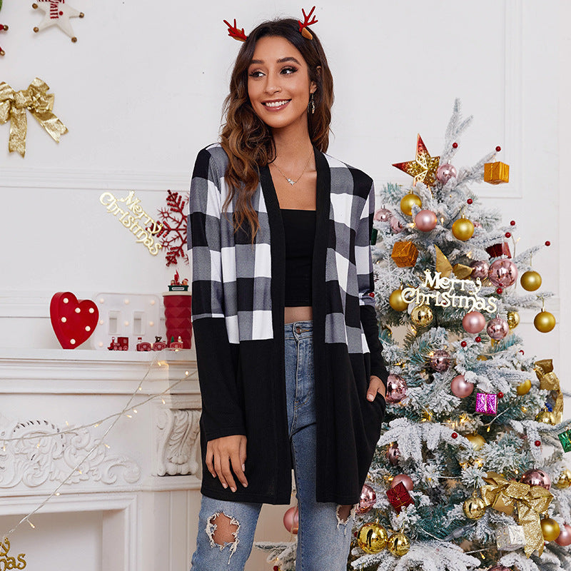 Women's longline open-front Christmas cardigan with a Fair Isle panel - black and white check