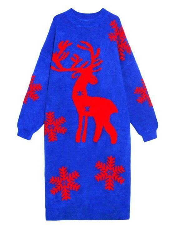 Women's longline oversized knitted Christmas jumper dress with a reindeer and snowflakes