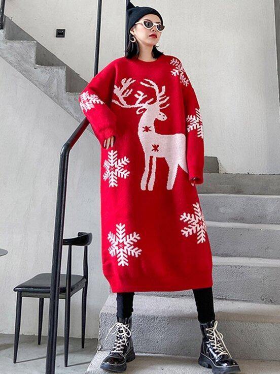 Women's longline oversized knitted Christmas jumper dress with a reindeer and snowflakes - red with white reindeer