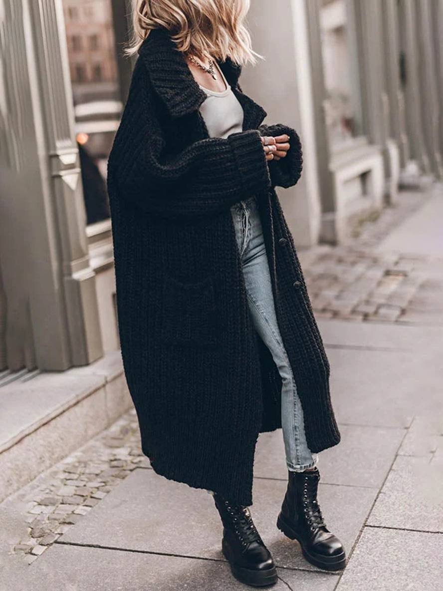 Women's longline chunky knit cardigan with a wide collar and patch pockets - black