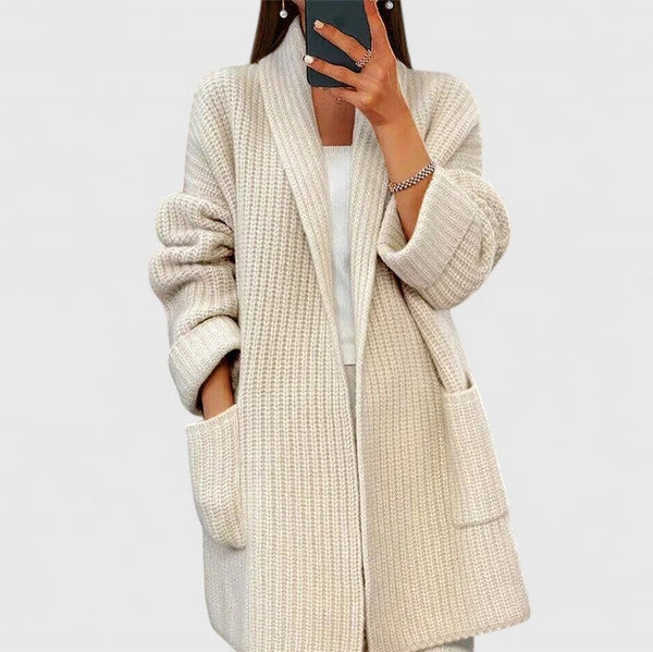 Women's longline chunky rib cardigan with a shawl collar and pockets - ecru