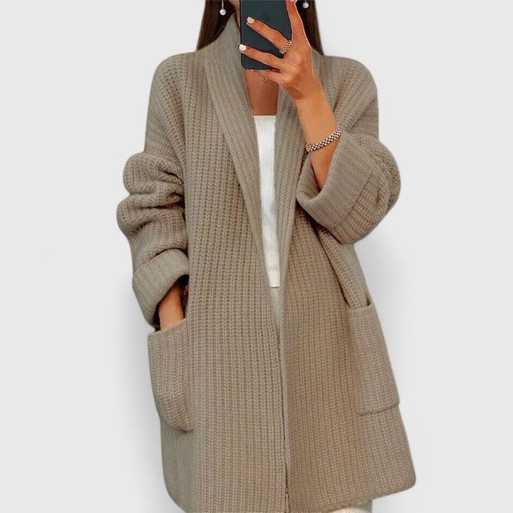 Women's longline chunky rib cardigan with a shawl collar and pockets - taupe