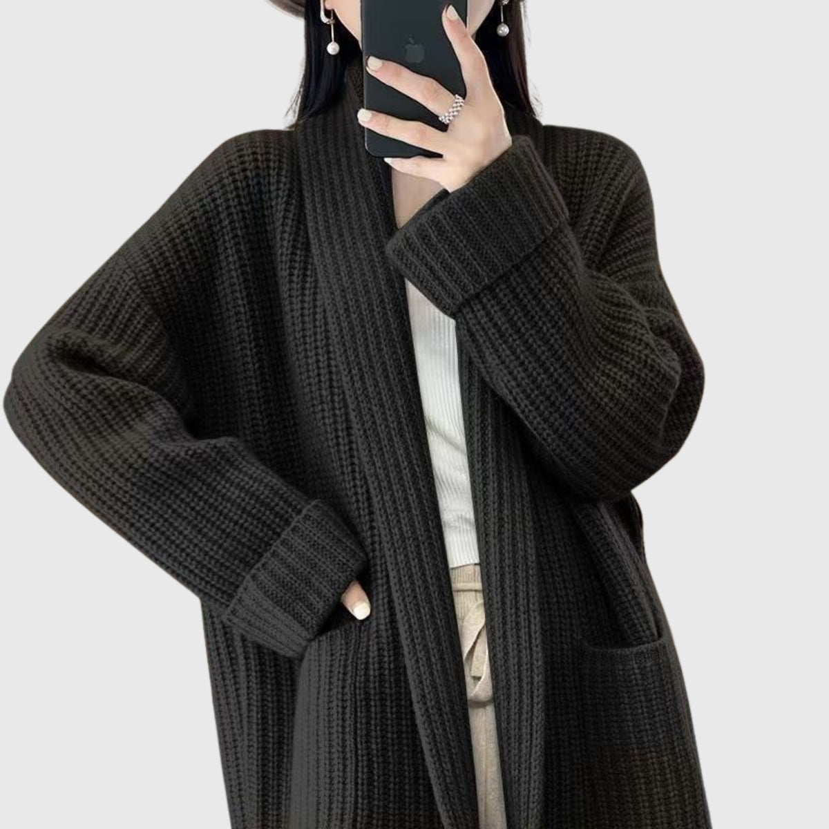 Women's longline chunky rib cardigan with a shawl collar and pockets - black