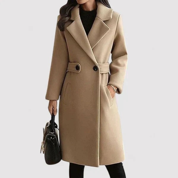 Women's longline wool-look coat with notch lapels and a buttoned waist tab - beige