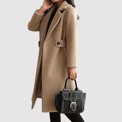 Women's longline wool-look coat with notch lapels and a buttoned waist tab - beige