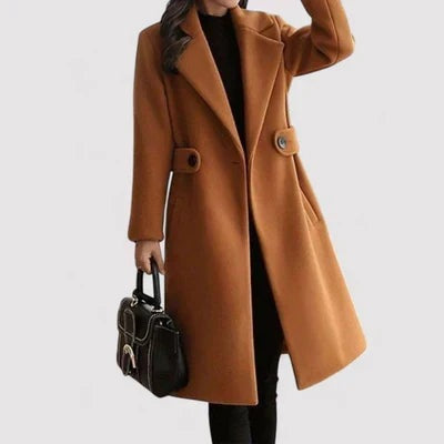 Women's longline wool-look coat with notch lapels and a buttoned waist tab - cognac