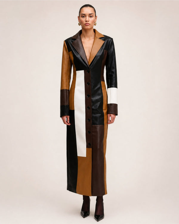 Women's longline colour block coat in a leather look with lapels and a button front - cognac/black/brown