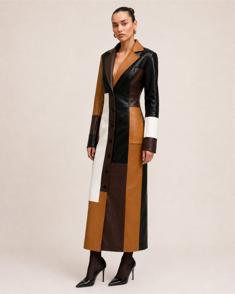 Women's longline colour block coat in a leather look with lapels and a button front