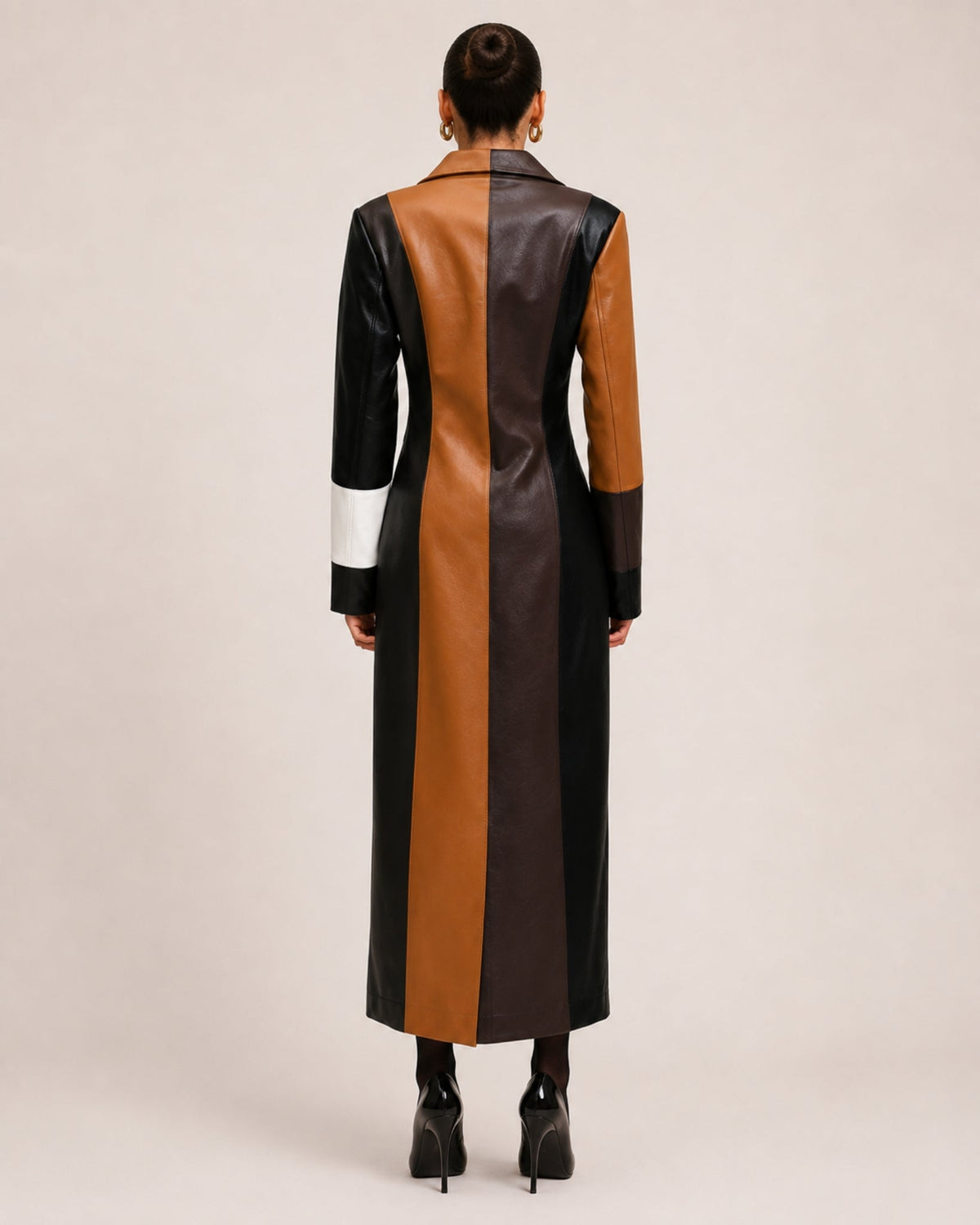Women's longline colour block coat in a leather look with lapels and a button front
