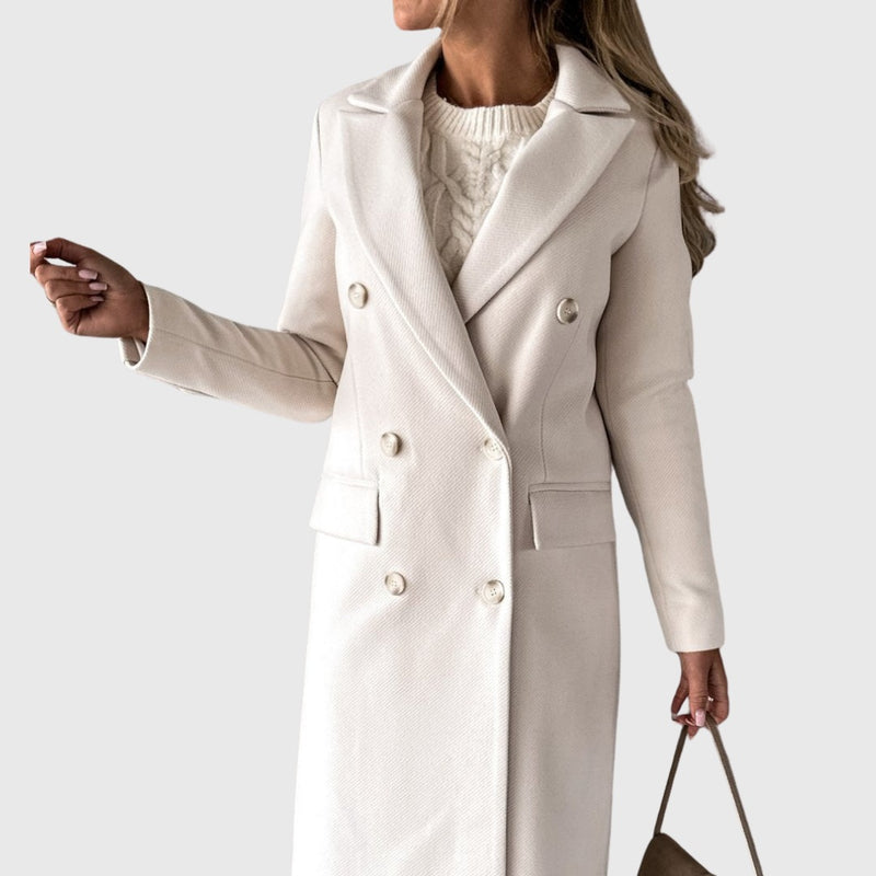 Women's longline double-breasted coat with peak lapels and flap pockets - cream