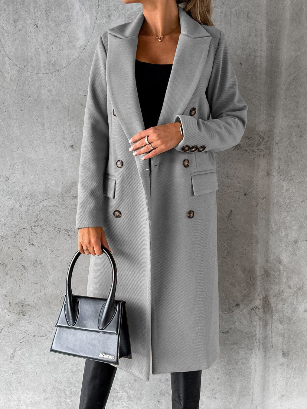 Women's longline double-breasted coat with peak lapels and flap pockets - light grey