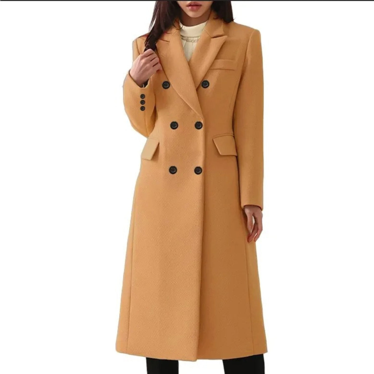 Women's longline double-breasted coat in a wool look with wide lapels - camel