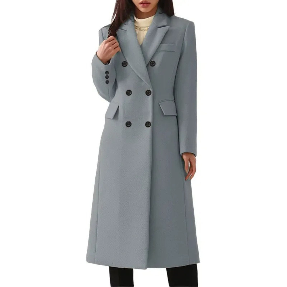 Women's longline double-breasted coat in a wool look with wide lapels - light grey