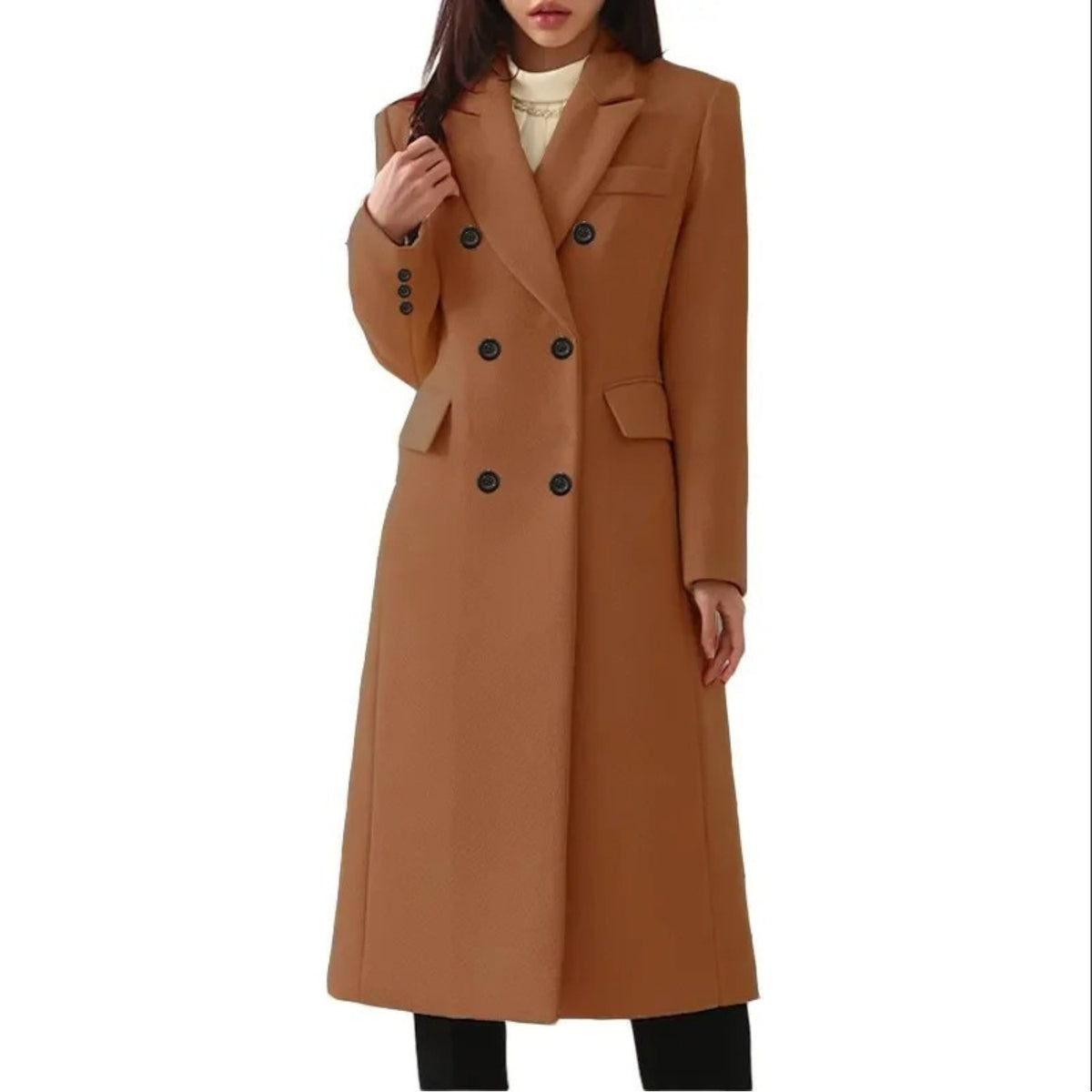 Women's longline double-breasted coat in a wool look with wide lapels - cognac