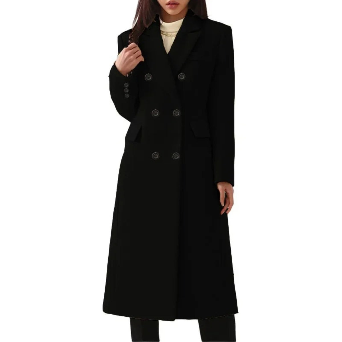 Women's longline double-breasted coat in a wool look with wide lapels - black
