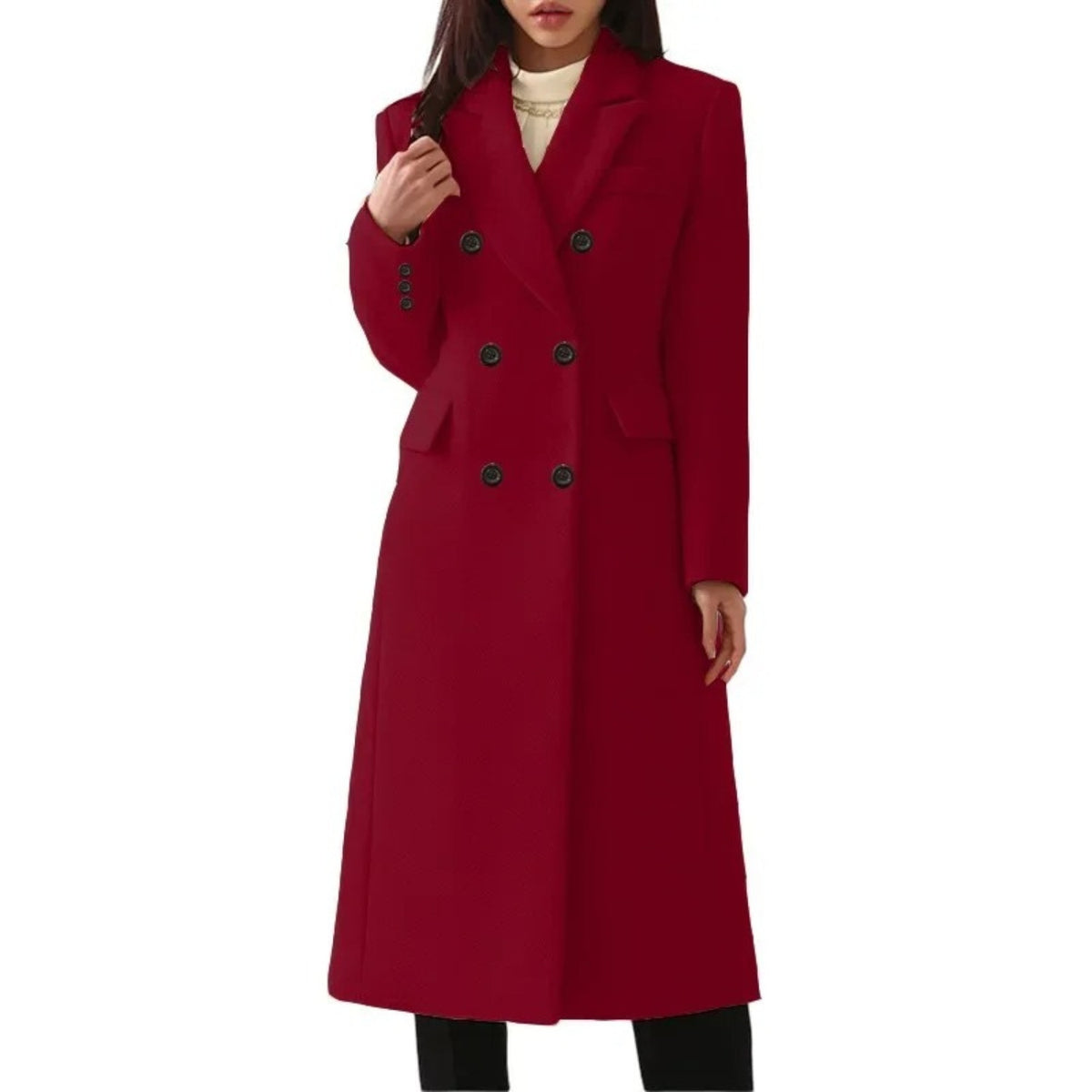 Women's longline double-breasted coat in a wool look with wide lapels - red