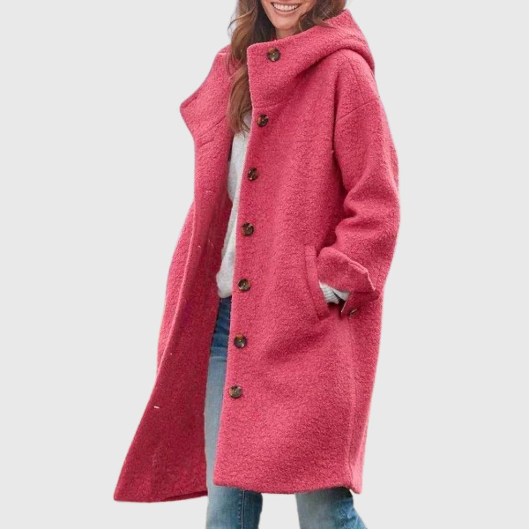 Women's longline hooded bouclé coat with a button front - pink
