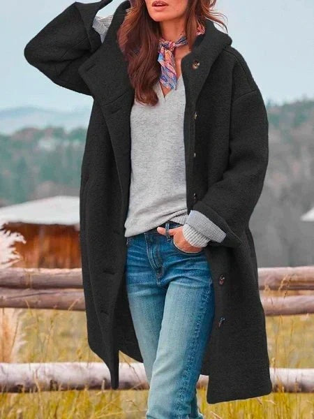 Women's longline hooded bouclé coat with a button front - black