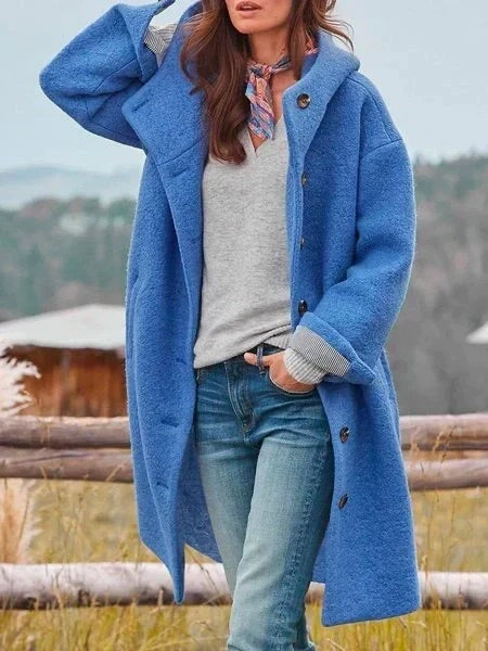 Women's longline hooded bouclé coat with a button front - blue