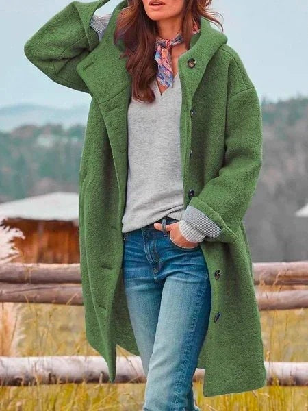 Women's longline hooded bouclé coat with a button front - green