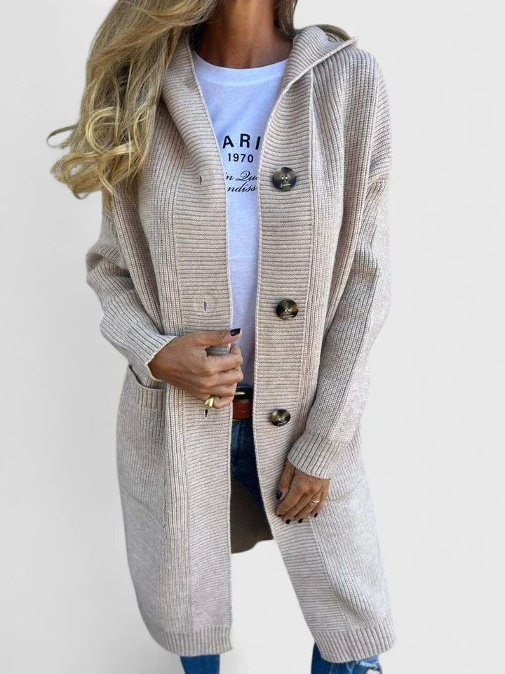 Women's longline ribbed cardigan with a hood, large buttons and pockets