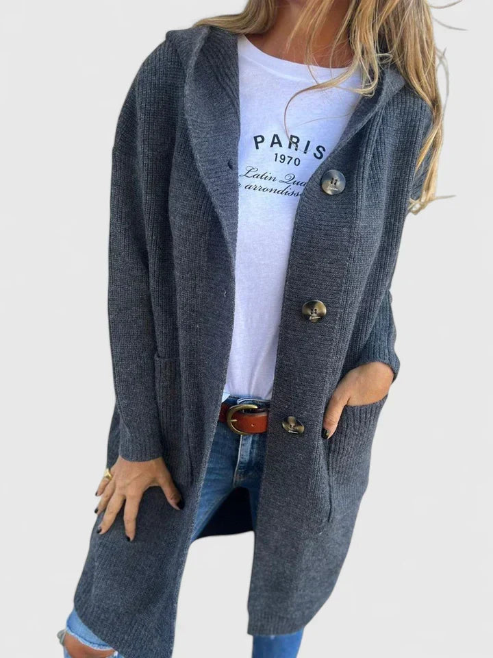 Women's longline ribbed cardigan with a hood, large buttons and pockets