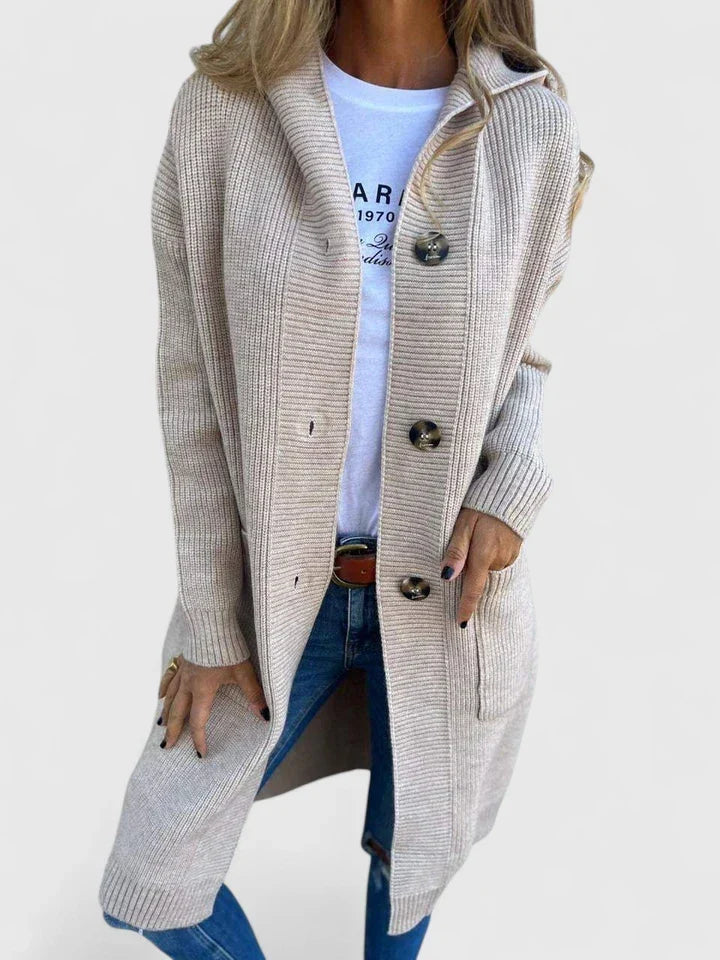 Women's longline ribbed cardigan with a hood, large buttons and pockets - beige