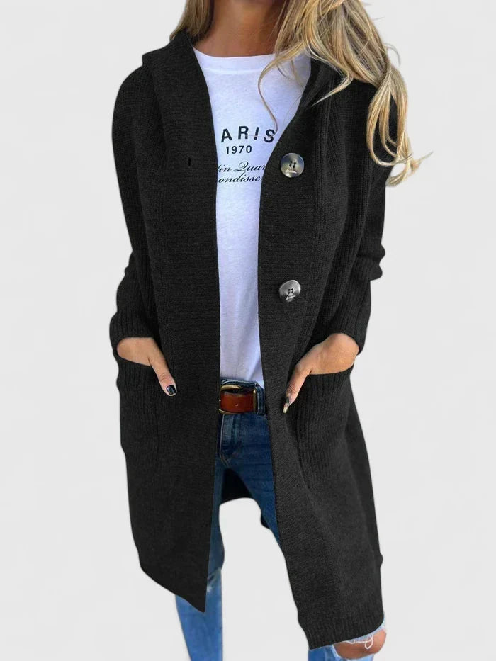 Women's longline ribbed cardigan with a hood, large buttons and pockets - black