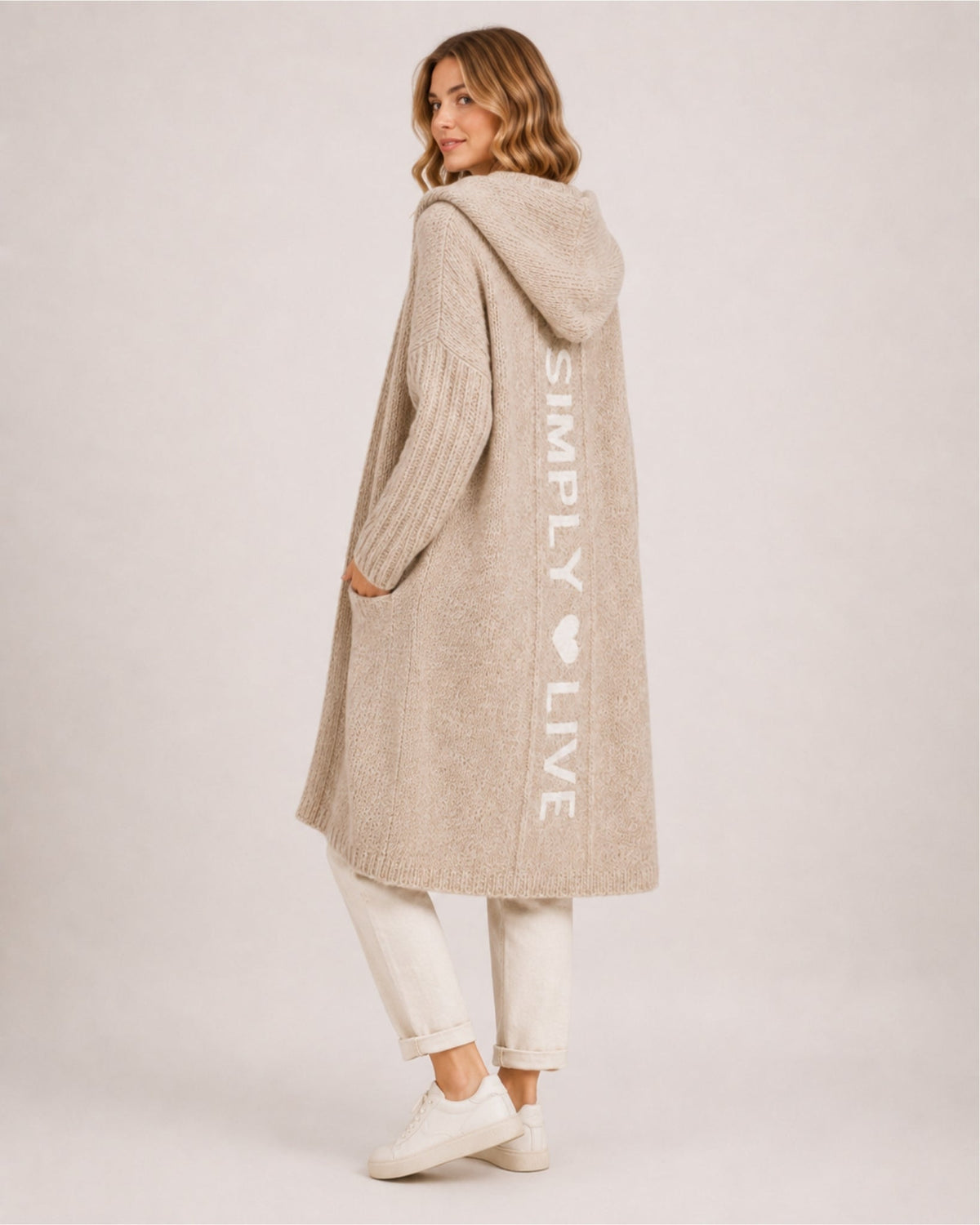 Women's longline hooded cardigan with an open front and patch pockets - beige