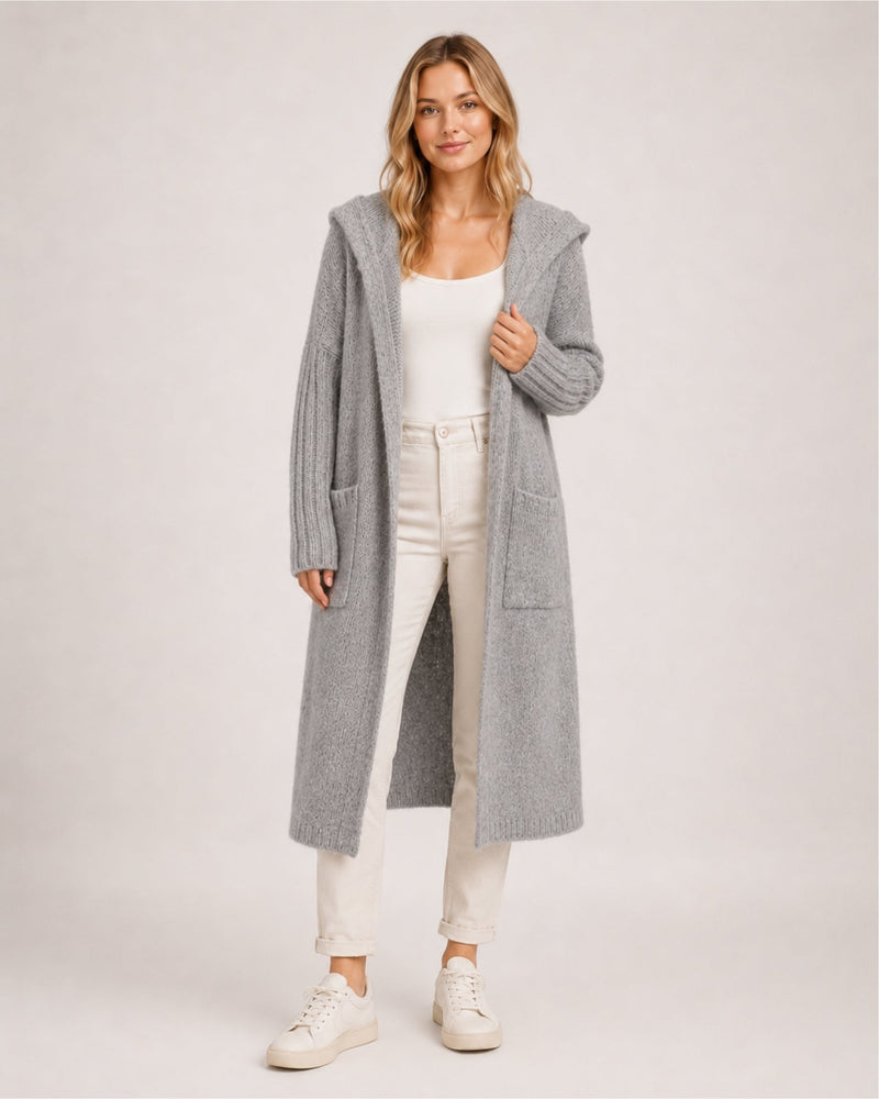 Women's longline hooded cardigan with an open front and patch pockets - grey