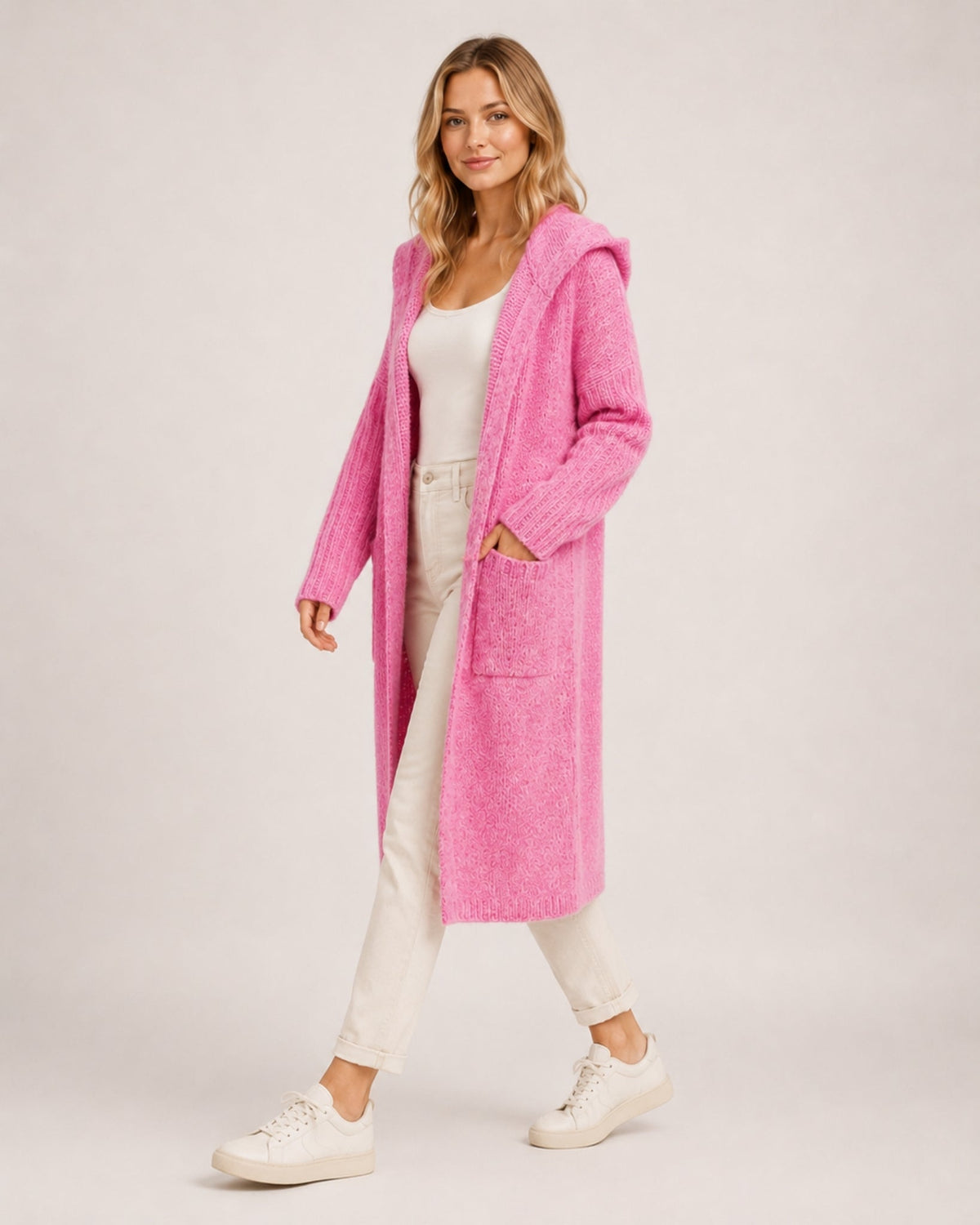 Women's longline hooded cardigan with an open front and patch pockets - pink