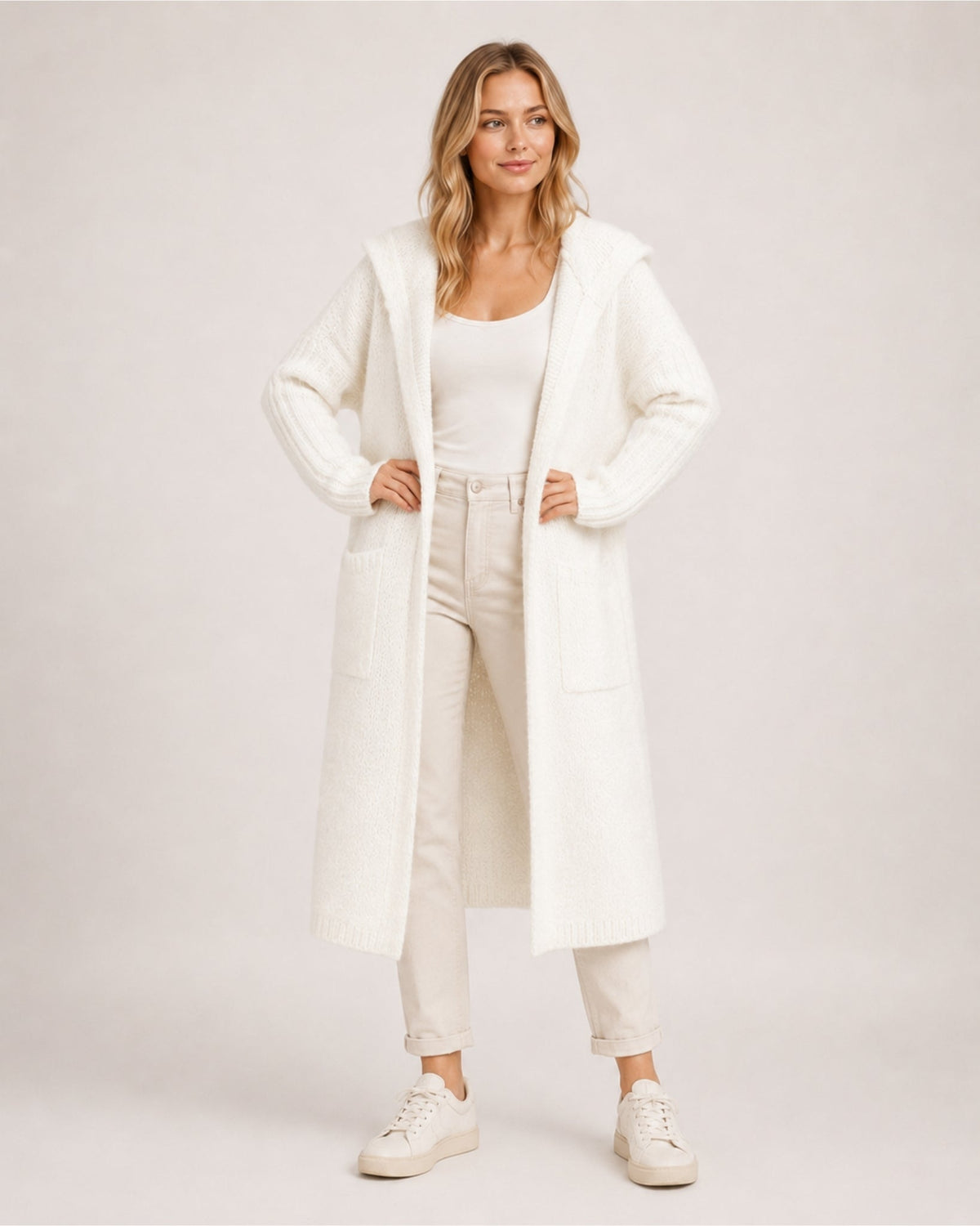 Women's longline hooded cardigan with an open front and patch pockets - white