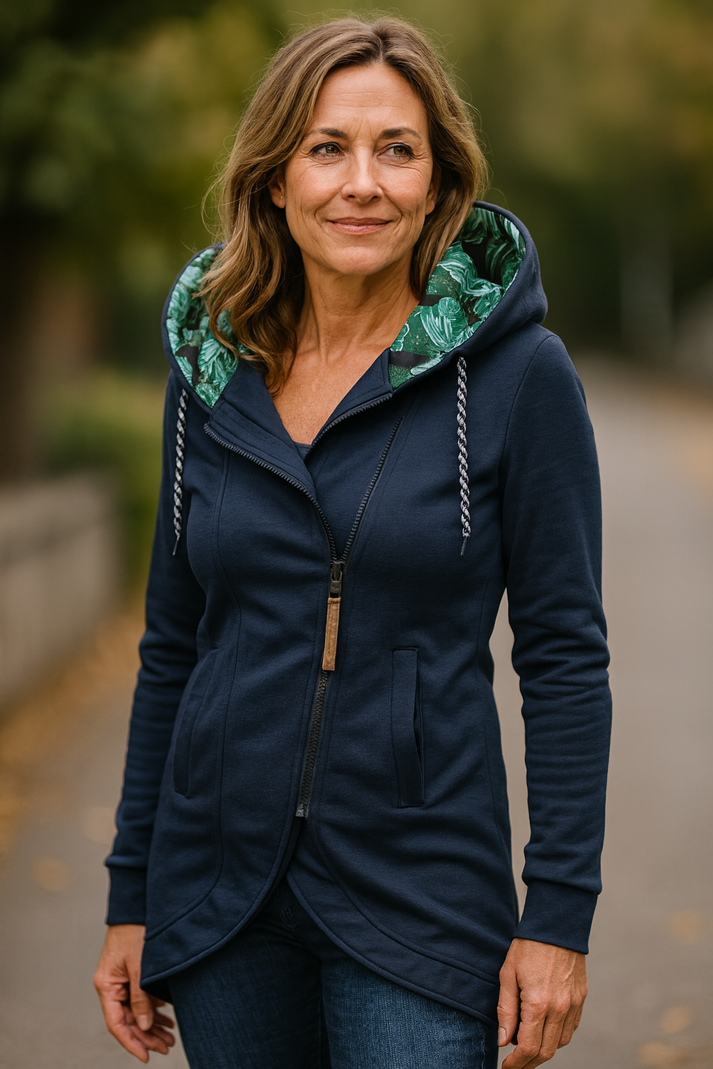 Women's longline hooded jacket with an asymmetric zip and leaf-print hood lining