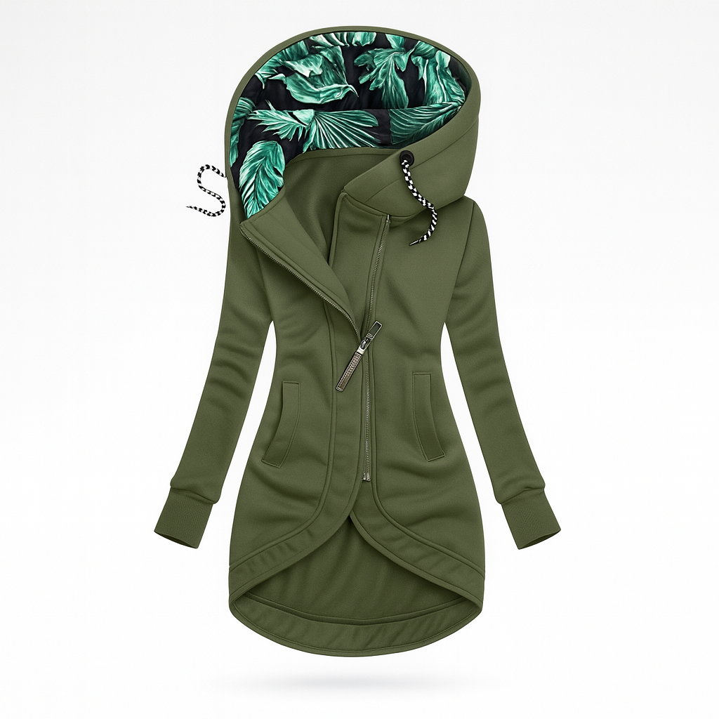 Women's longline hooded jacket with an asymmetric zip and leaf-print hood lining - olive