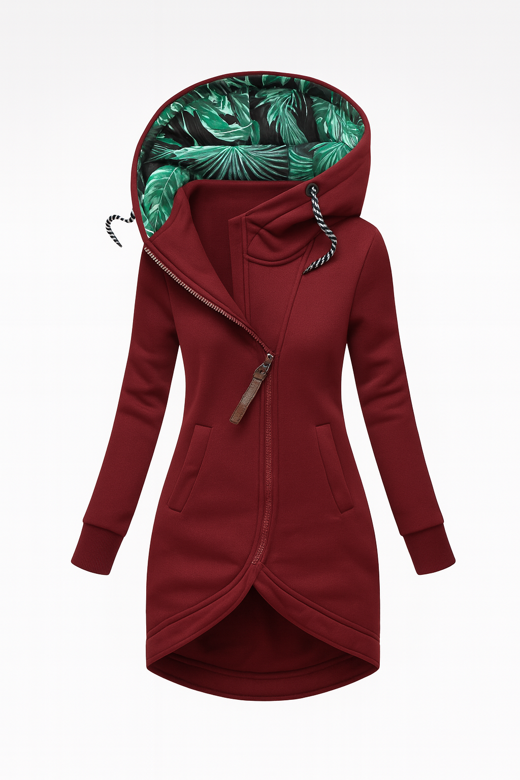 Women's longline hooded jacket with an asymmetric zip and leaf-print hood lining - burgundy