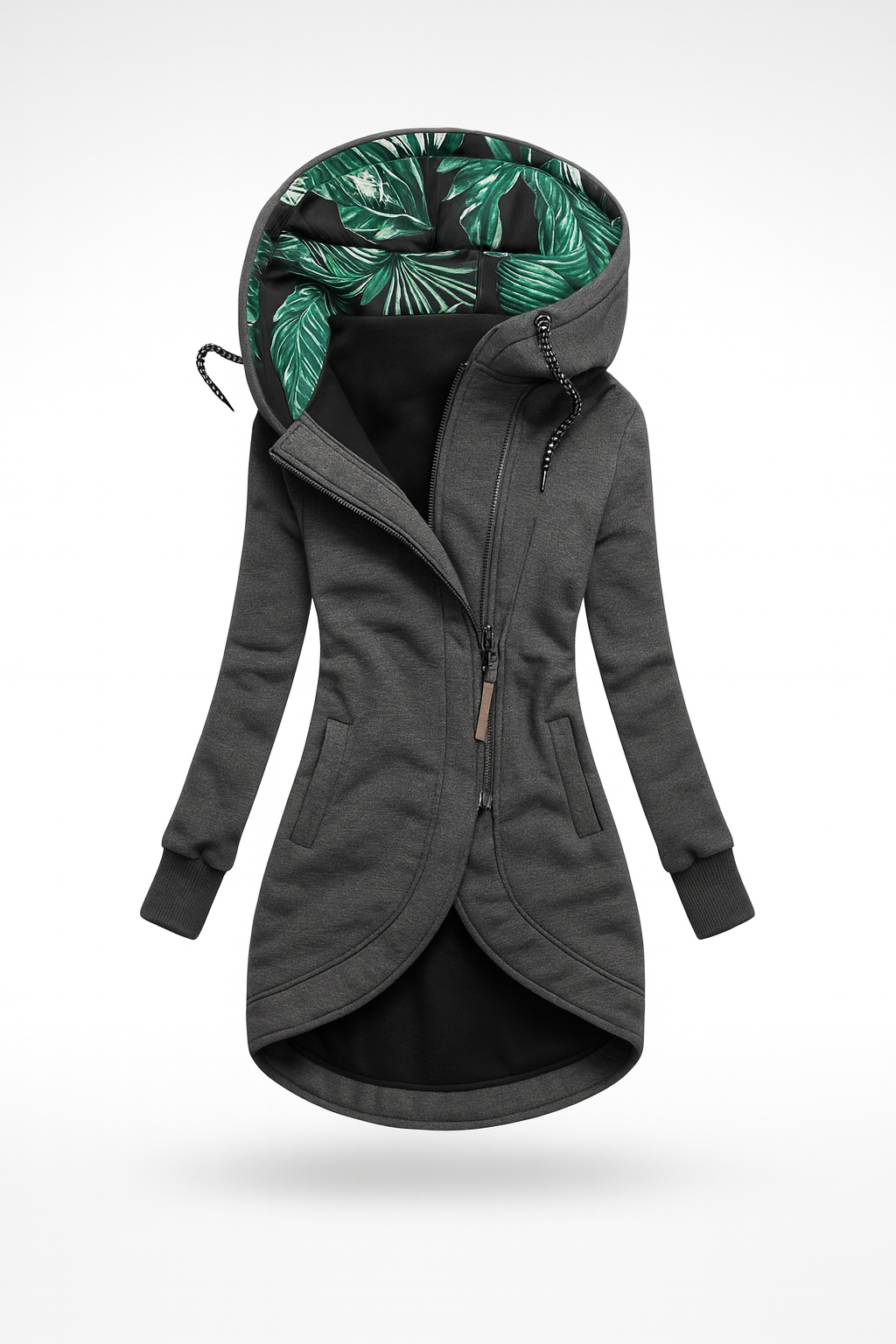 Women's longline hooded jacket with an asymmetric zip and leaf-print hood lining - charcoal