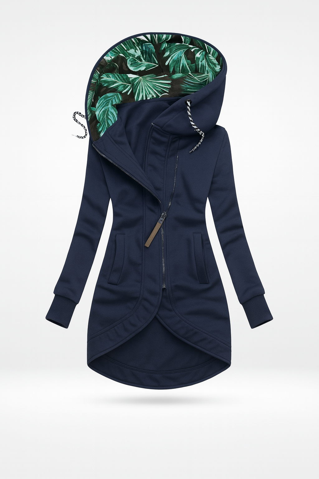 Women's longline hooded jacket with an asymmetric zip and leaf-print hood lining - navy