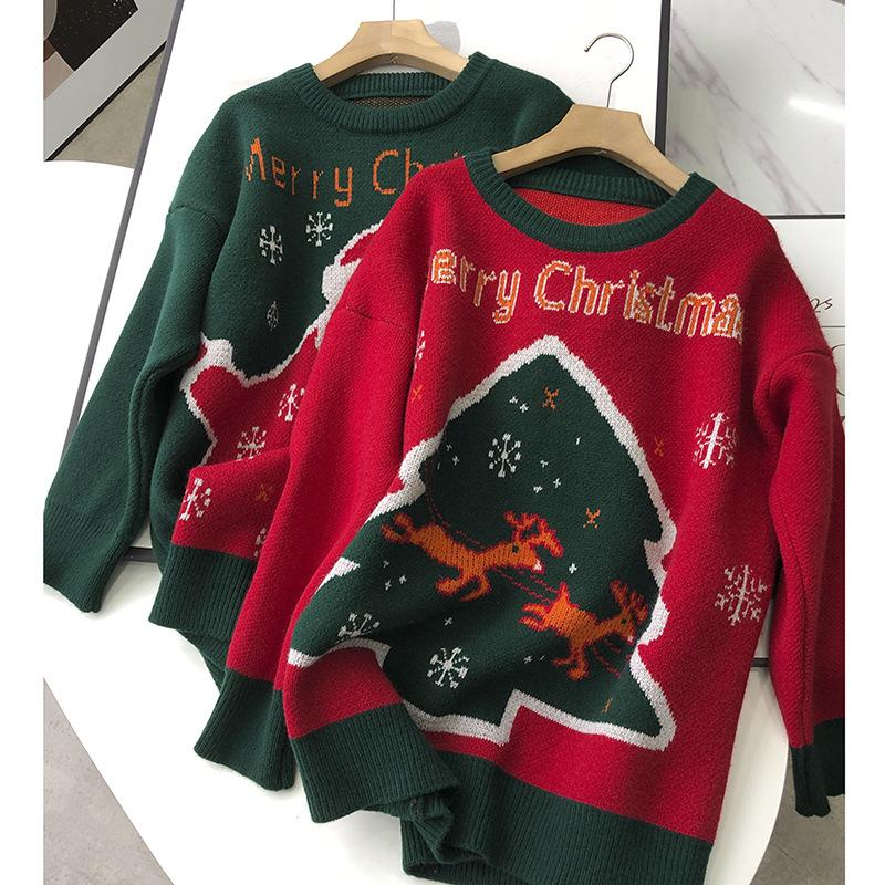 Women's longline oversized Christmas jumper with Merry Christmas and a tree or Father Christmas