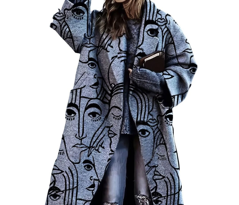 Women's longline oversized coat with notch lapels and dropped shoulders - grey face print