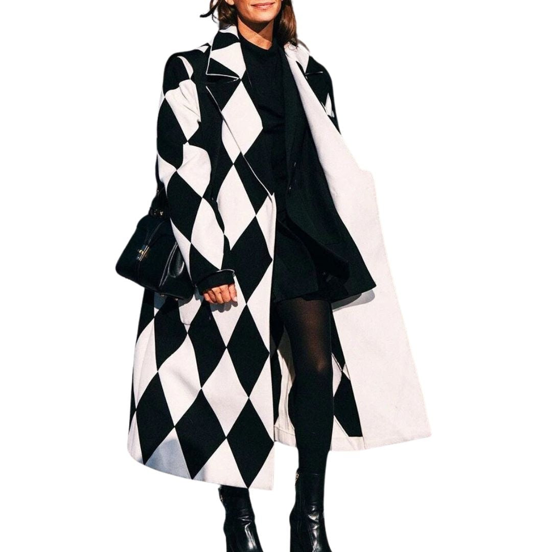 Women's longline oversized coat with notch lapels and dropped shoulders - black and white harlequin
