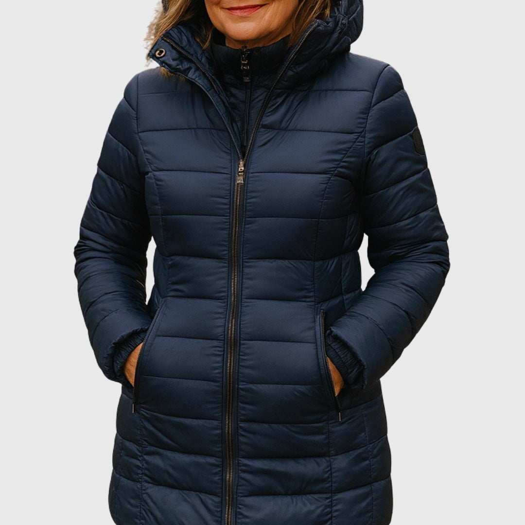 Women's longline padded coat with a hood and a fitted waist - navy