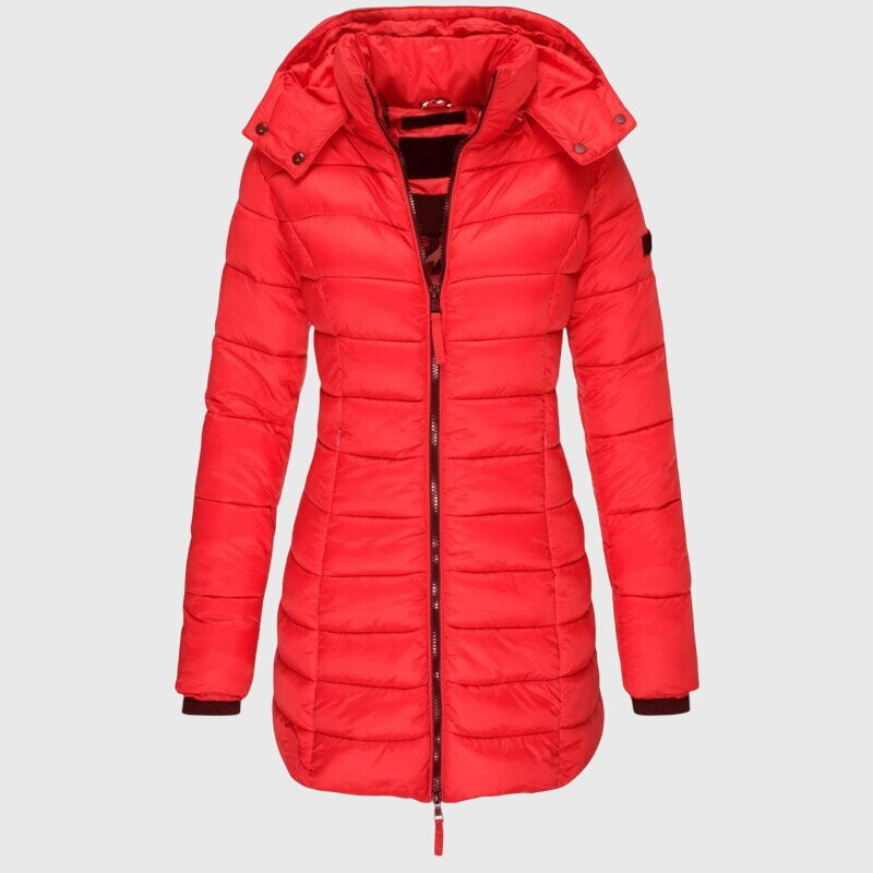 Women's longline padded coat with a hood and a fitted waist - red
