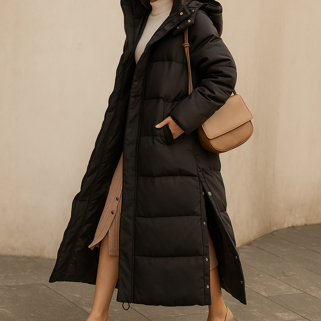 Women's longline puffer coat with a detachable hood