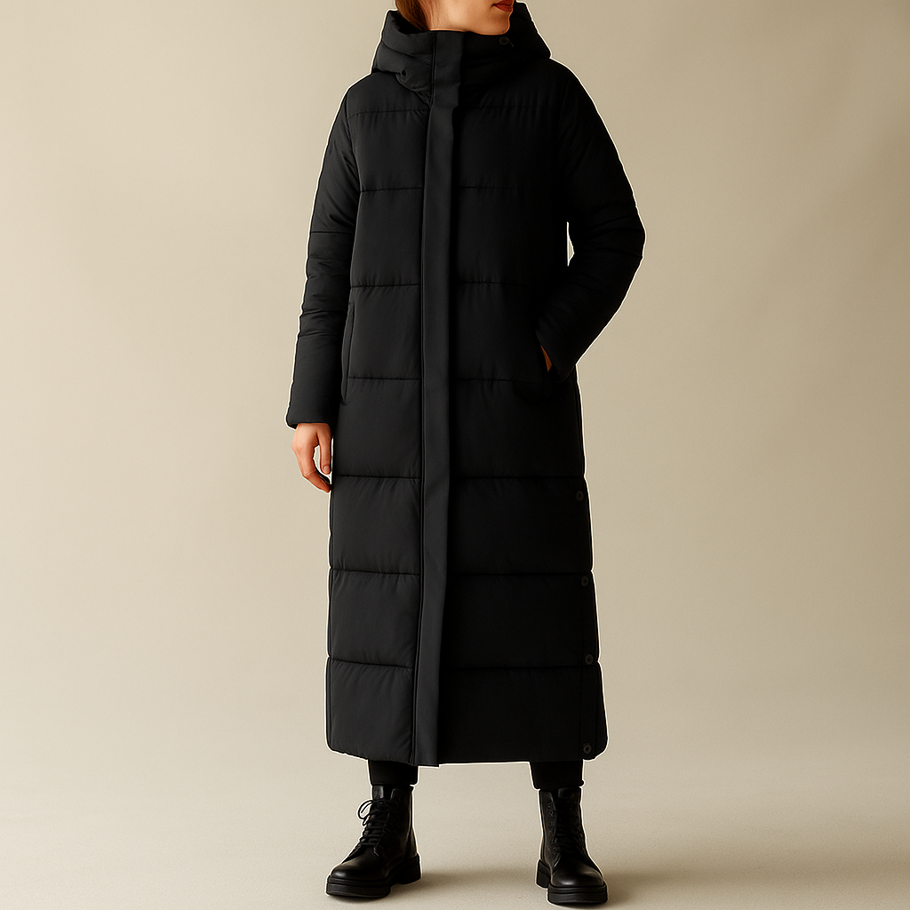 Women's longline puffer coat with a detachable hood - black