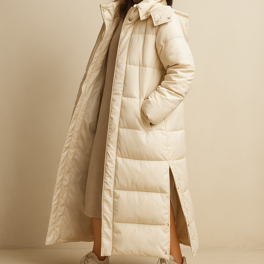 Women's longline puffer coat with a detachable hood - off-white