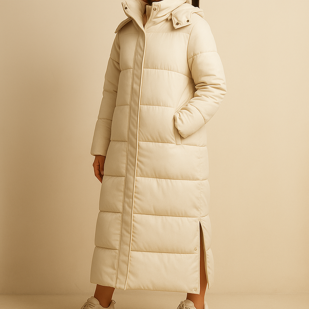 Women's longline puffer coat with a detachable hood