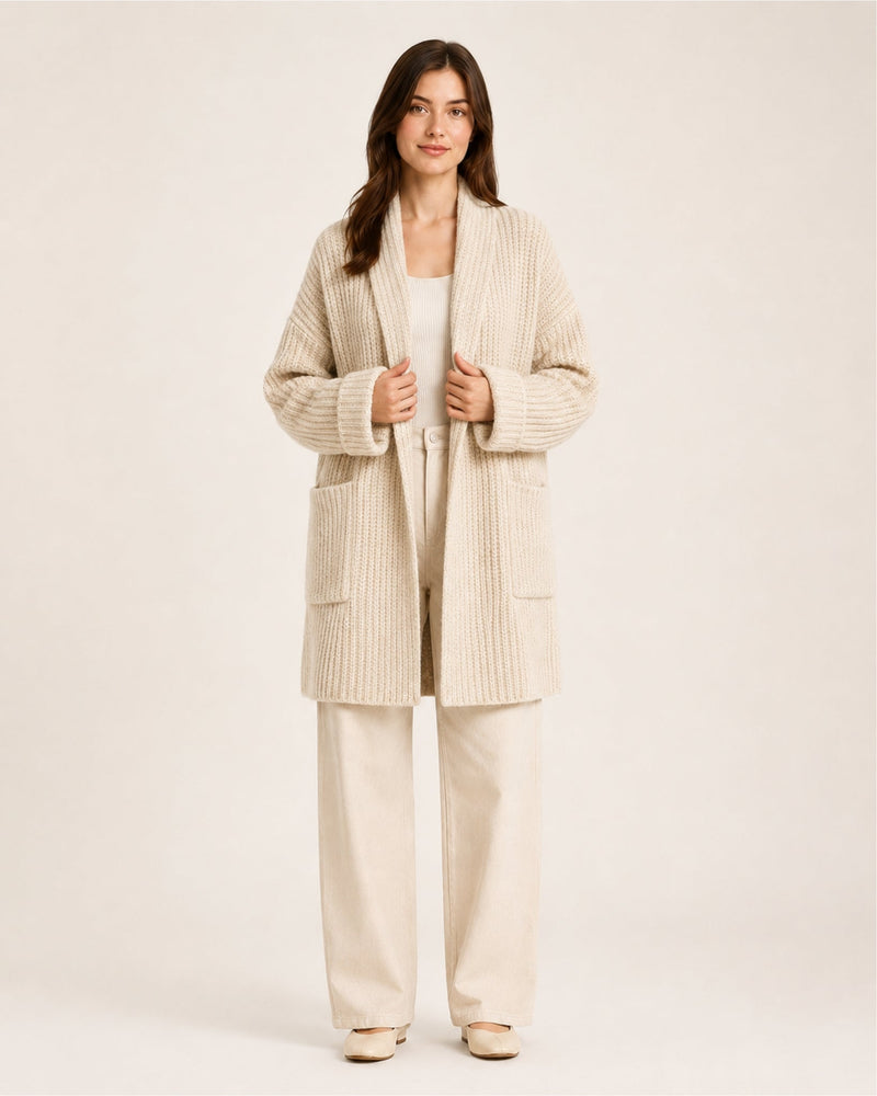 Women's longline ribbed cardigan with a shawl collar and patch pockets - cream